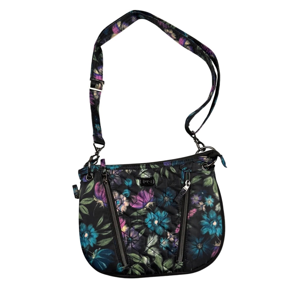Lug Swivel Crossbody Bag Womens Small Black Floral Quilted Excellent RFID Travel